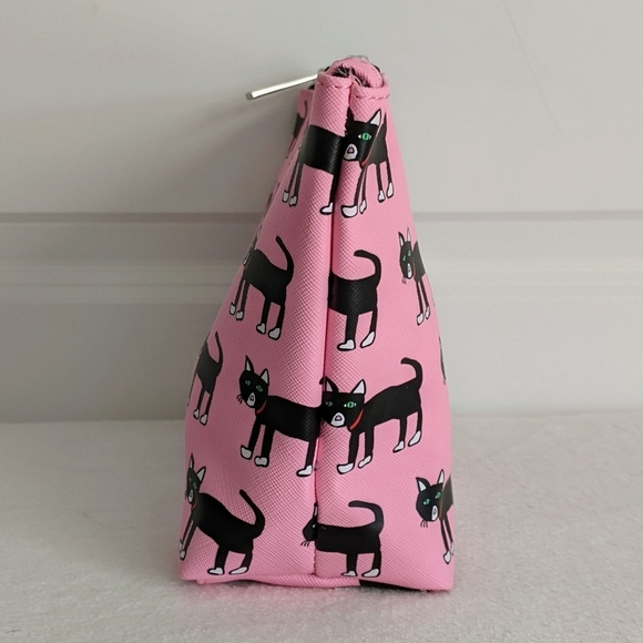 marc tetro Black Cat Print Large Cosmetic Case Pouch PVC Saffiano Pink NWT - Picture 7 of 14